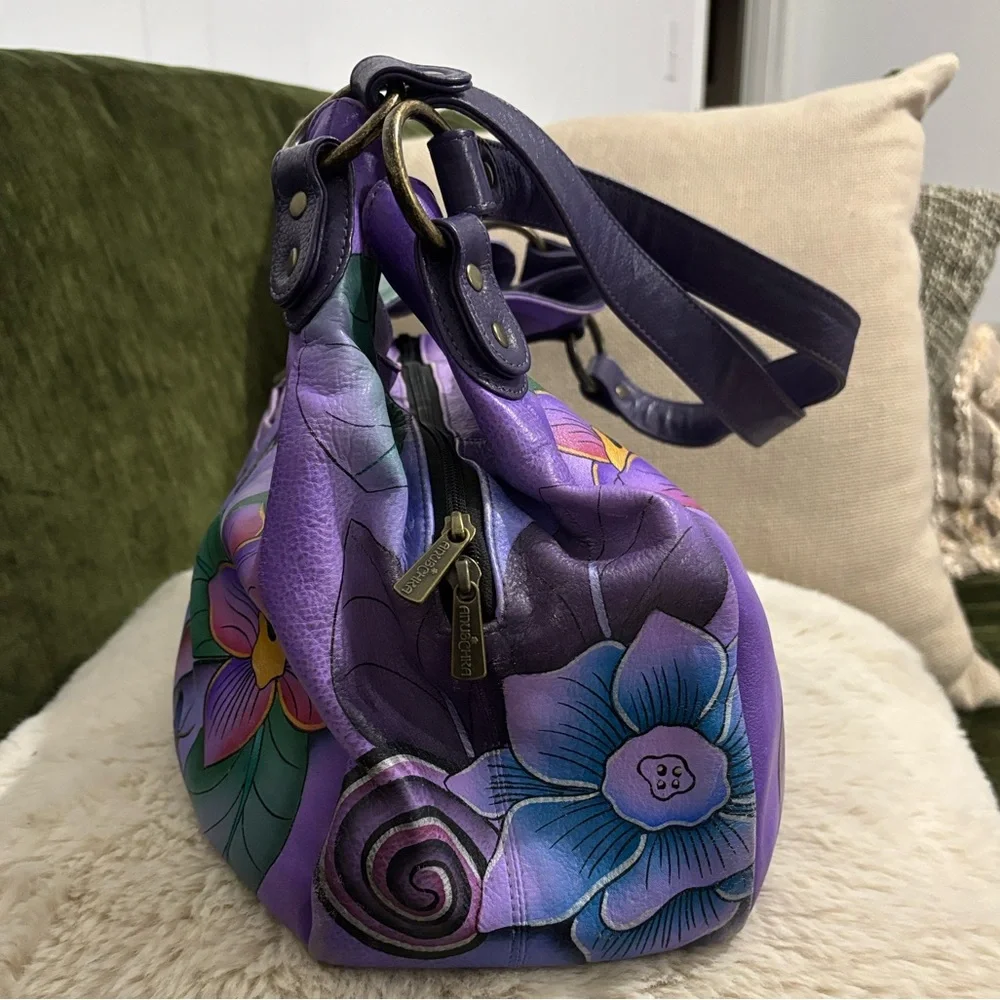 ANUSCHIKA India Purple Leather Floral‎ Triple Compartment Large Satchel Bag